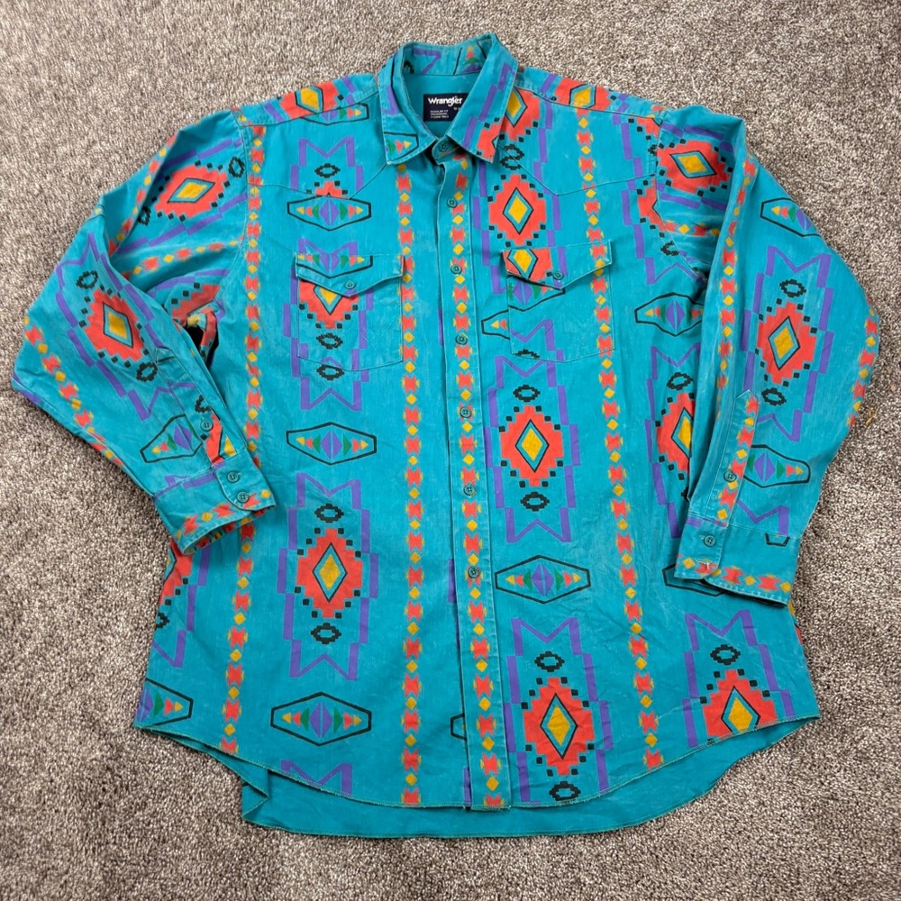 Vintage Wrangler Brushpopper Western Shirt 18-35 XL Aztec Southwest Print USA